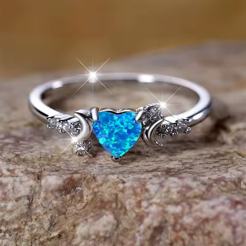 Fashion Moon Love Heart Engagement Ring Green Blue White Opal Stone Rings For Women Rose Gold Silver Color Wedding Bands Jewelry