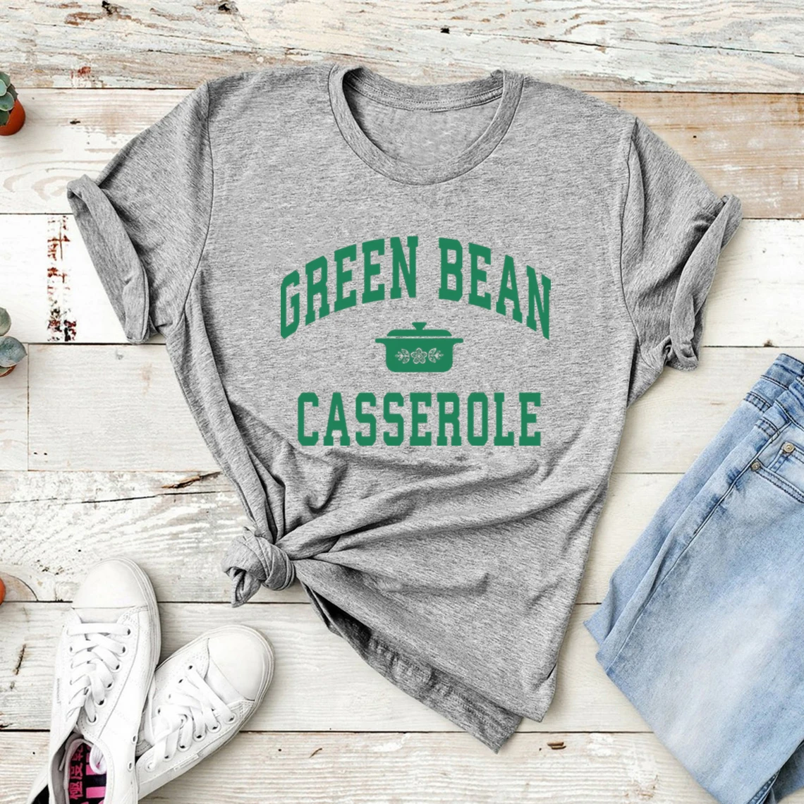 

Green Bean Casserole T-Shirt Funny Thanksgiving T-shirt Retro Kitchen Gift Women Short Sleeve Crewneck Casual Tops Women Clothes