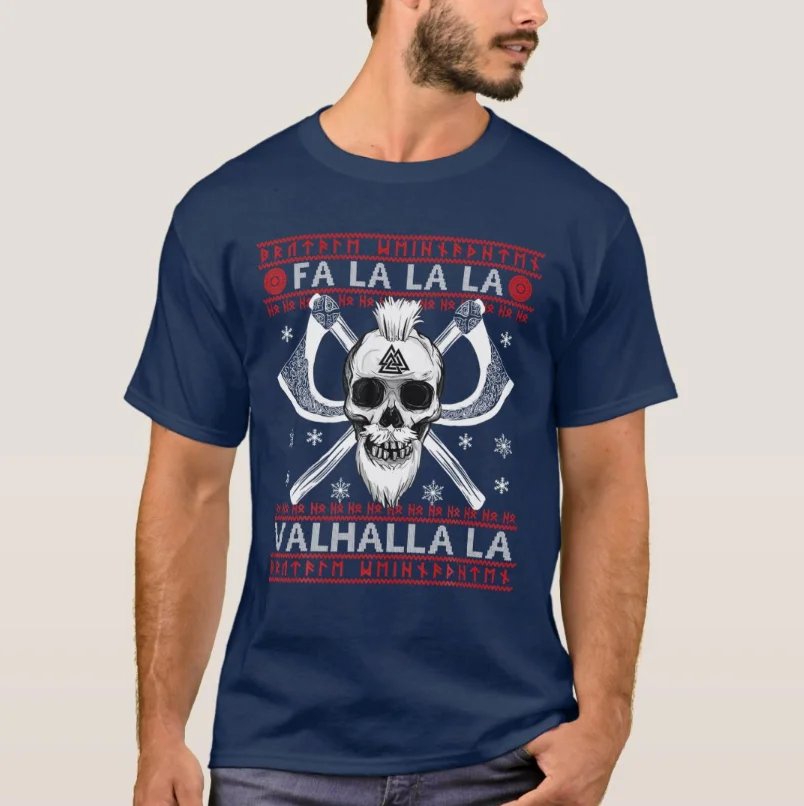 Fa La La La Valhalla Ugly Christmas Vi king Valknut Skull T-Shirt 100% Cotton O-Neck Short Sleeve Casual Mens T-shirt Size S-3XL