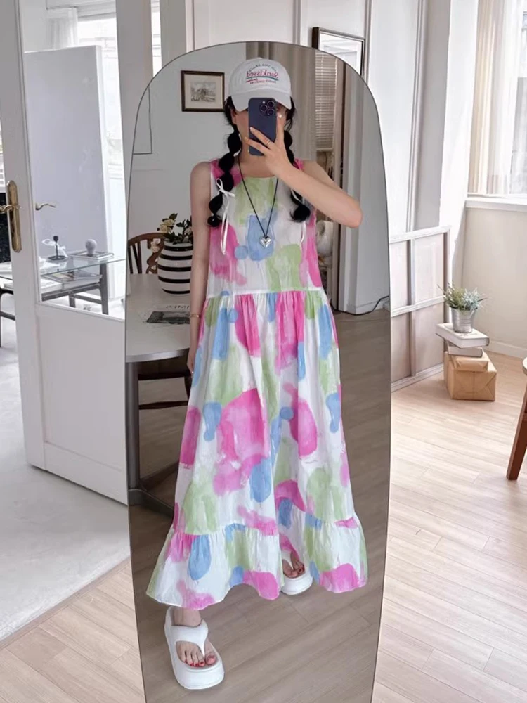 여름 새 스타일 여성의 느슨한 민소매 롱 드레스 조끼 염색 인쇄 유화 스타일 한국어 버전 롱 스커트