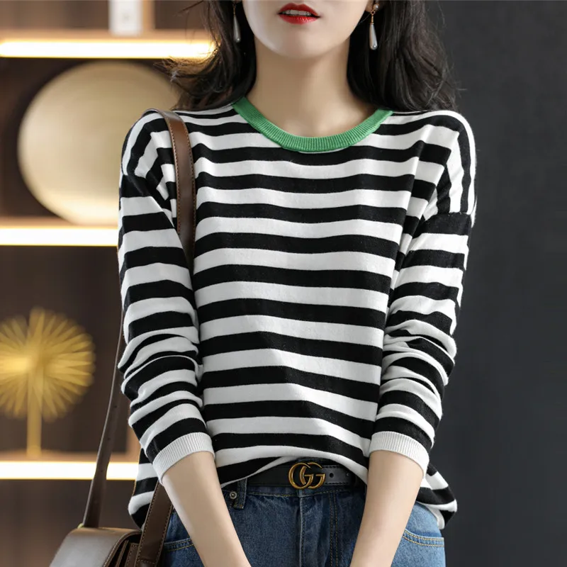 Striped Round Neck Patchwork Women\'s Knitted Pullover Long Sleeved Versatile Spring And Autumn New Item 100% Pure Cotton Top SMY