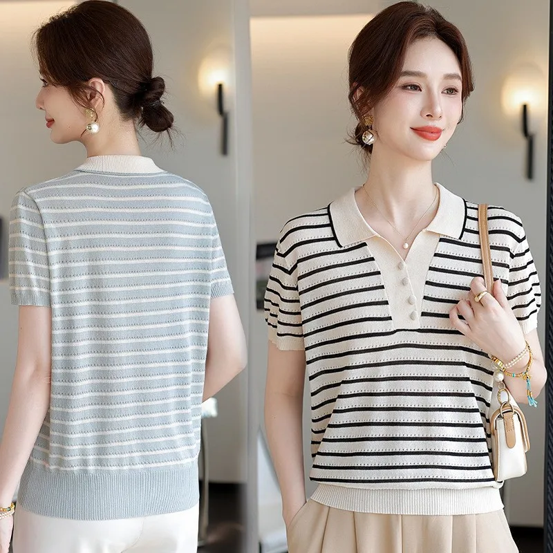Women Shirt Tops For Woman Striped Contrast Collar T Shirt Cream Blue White Short Sleeve Loose Fit Women's Blouse Button Front