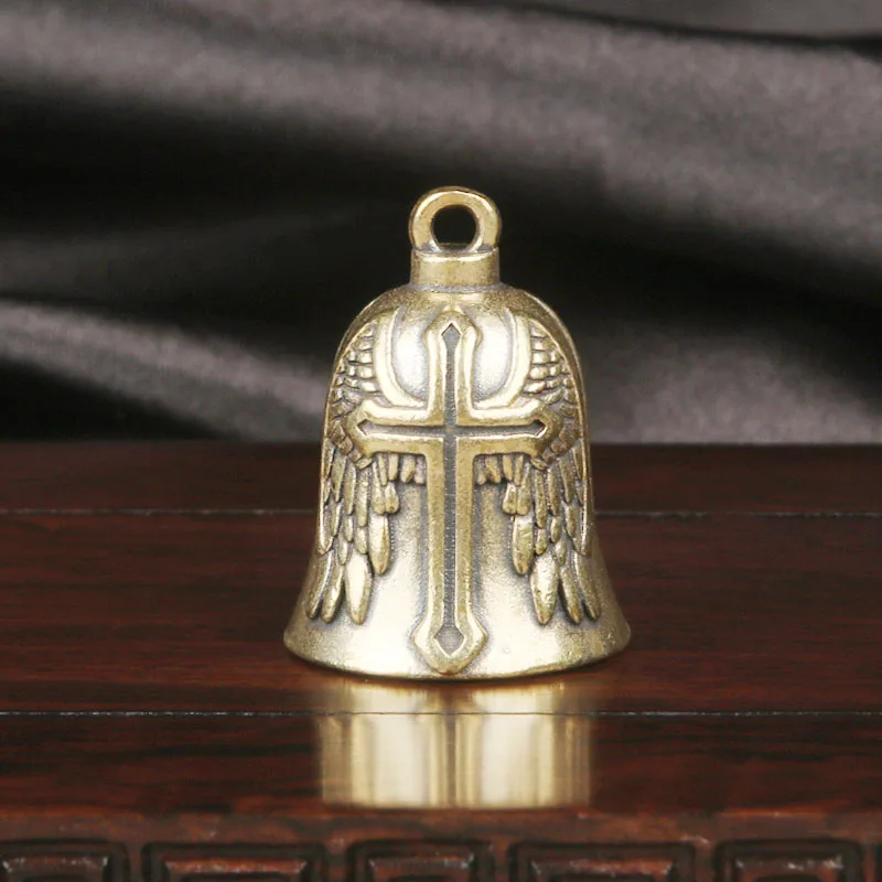 2026 Hot Selling Vintage Brass Angel Wing Cross Bell Pendant Creative Handmade Copper Charm Wind Chime Keychain Hanging Decor