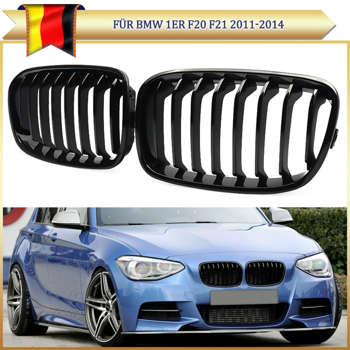 Griglia Anteriore a Doppio Rene per BMW Serie 1 F20 F21 2011-2014 M Sport 118d 125d Nero Lucido