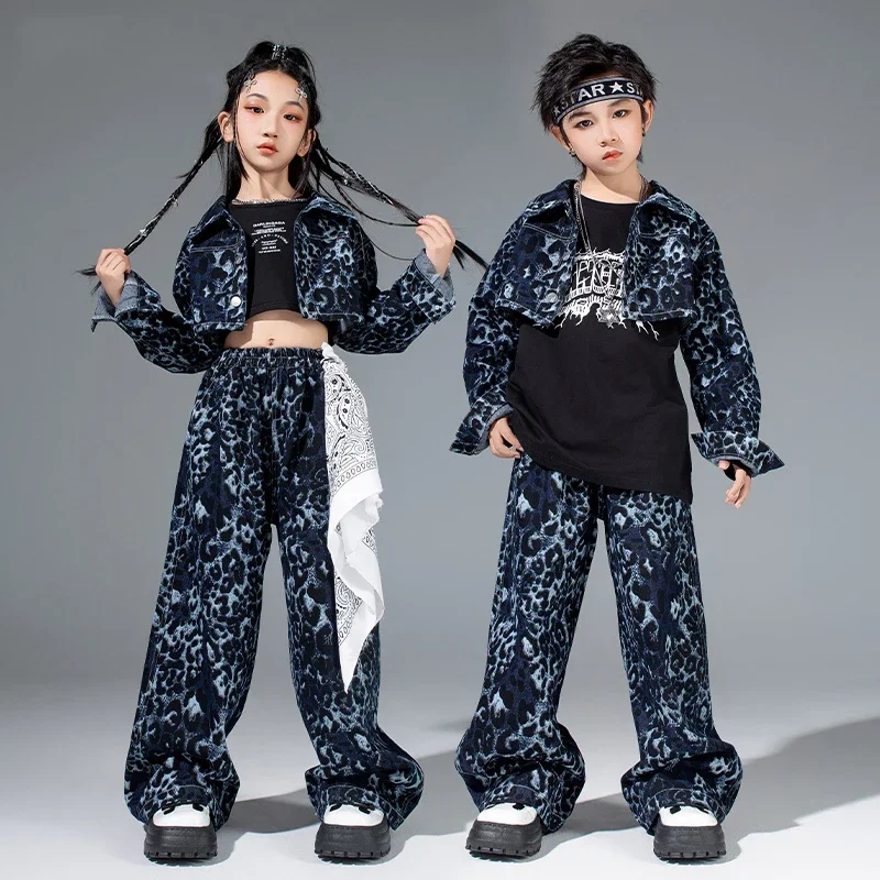 

2024 New Group Kpop Outfit Kids Hip Hop Clothing Boys Girls Blue Leoapard Jazz Dance Costume Children'S Street Dancewear