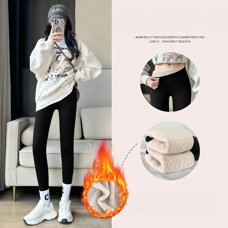 Autumn Winter Womens Warm Leggings Shark Pants Tight Fitting Diamond Grid Fleece Small Foot Leggings Elegant Women's Clothing