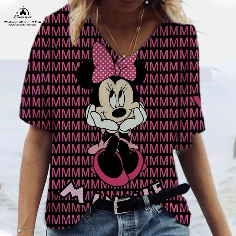 Summer New Disney Mickey Minnie Cartoon Harajuku Sexy Ladies Fashion Casual V-Neck Short Sleeve Top T-Shirt