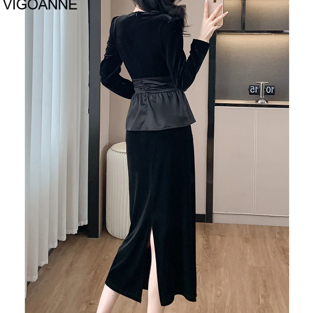 VigoAnne 2025 Solid Long Sleeve Top And High Waist Skirt 2 Piece Sets Woman Spring Autumn Korean Velvet Long Dress Suit Ladies