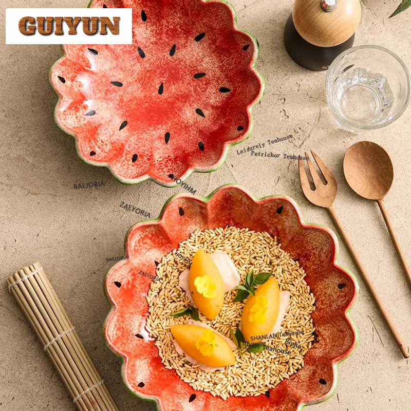 HOYIHM Hand-painted Watermelon Petal Plate Household Ceramic Serving Platter Fruit Salad Plate Commercial Use Dessert Plating