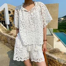 White Embroidered Lace Shirt Shorts Set Summer Vacation Hollow Out 2 Pieces Short Suit 2024 Summer Woman Clothing