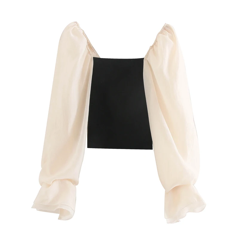 Korean style contrasting color temperament square neck knitted base shirt, chiffon spliced bubble long sleeved top