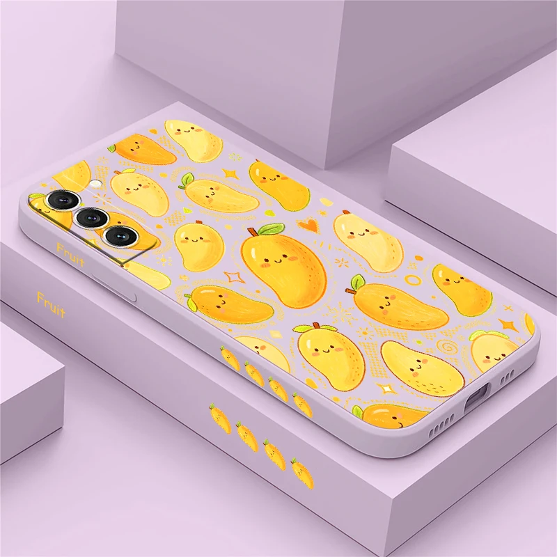 S26 Ultra Cute Cartoon Mango Print Phone Case For Samsung Galaxy S25 Edge S24 FE S23 Plus S22+ S21 S20 Shockproof Soft Cover