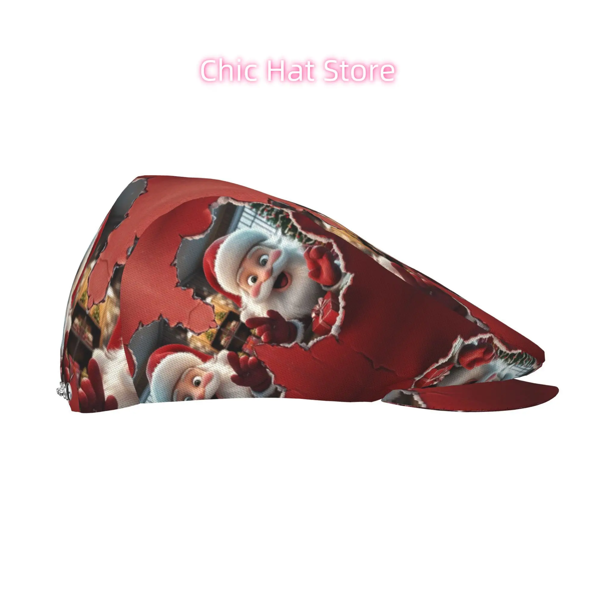 1pc Santa Peeking Gift Red Christmas All-over Print Flat-top Hats for Men and Women, Newsboy Caps, Berets, Irish Hats, Driver Ca