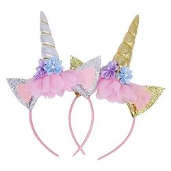 Cute Rainbow Unicorn Horn Hairband Kids Chiffon Unicorn Headband Glitter Baby Shower Birthday Party Hair Accessoriess