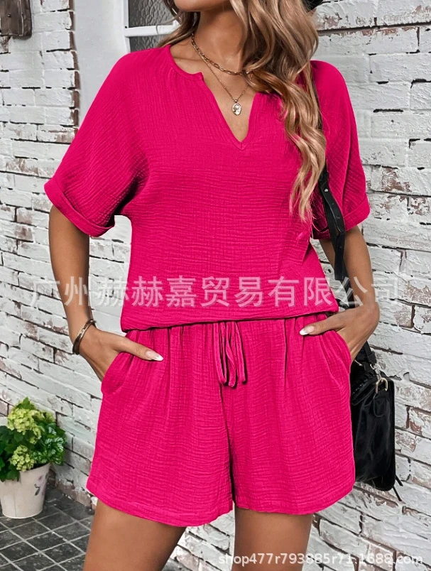 2024 Women's Wrinkle V-Neck Short Sleeved Shorts High Waist Drawstring Casual Pajamas Casual Two Piece Set