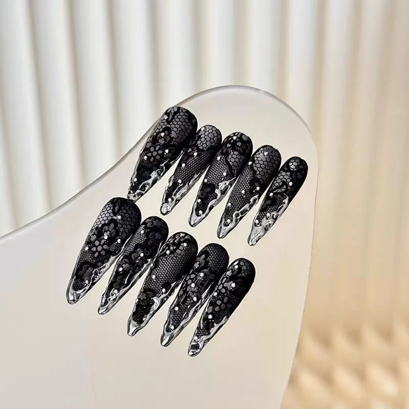 New Black Lace Manicure Wearing Nail Cat Eye Flash Hand-painted Lines Handmade Original Design Fake Nails Press on Nails