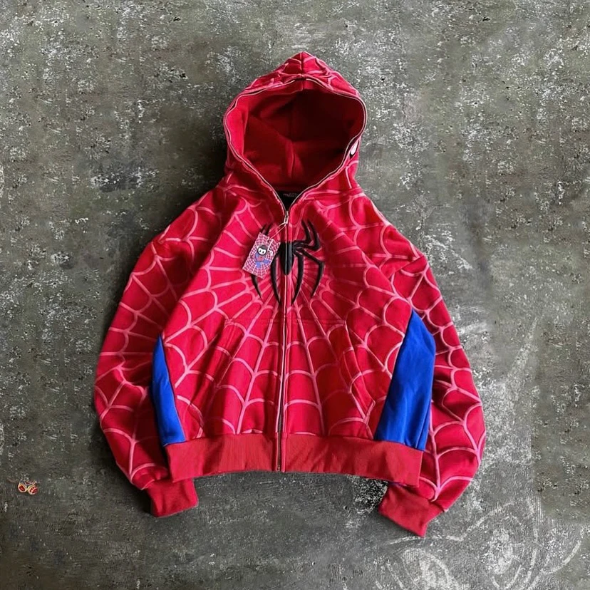 Anime Clothes Zip Up Hoodie Men Women Y2k Spider Web Red Hoodie Gothic Harajuku Oversized Jacket Fashion Sweatshirt Streetwear