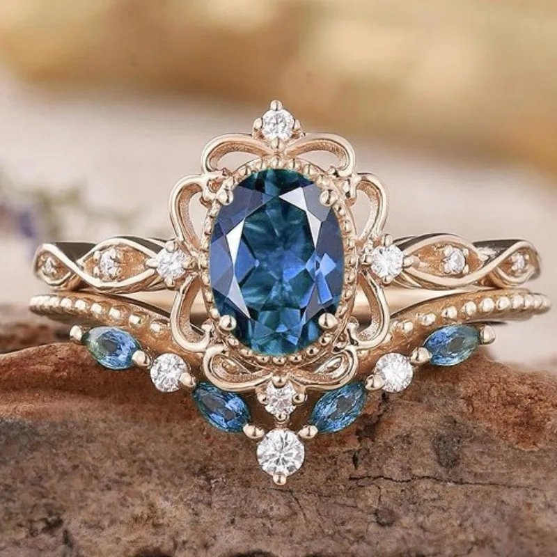 

European and American alloy inlaid blue zircon ring, wedding golden ring for women