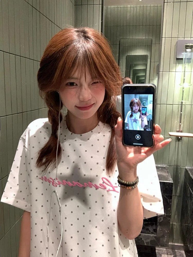 

Women Short Sleeve T-shirt 2026 Summer Women Vintage Star Polka Dot Short Sleeve T Shirt Loose Casual All-match Tops