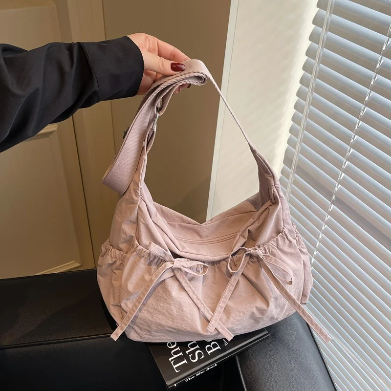 

Solid Color Ruched Design Ladies Nylon Cloth Shoulder Bags Large Capacity Female Crossbody Bag Sweet Bow Strap Women's Handbags