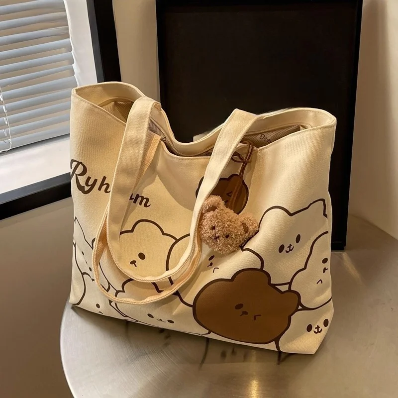 

Casual Large Capacity Canvas Tote Bag Women's New Cartoon Bear Bag for Class Commuting Single Shoulder Soft Handle Bag