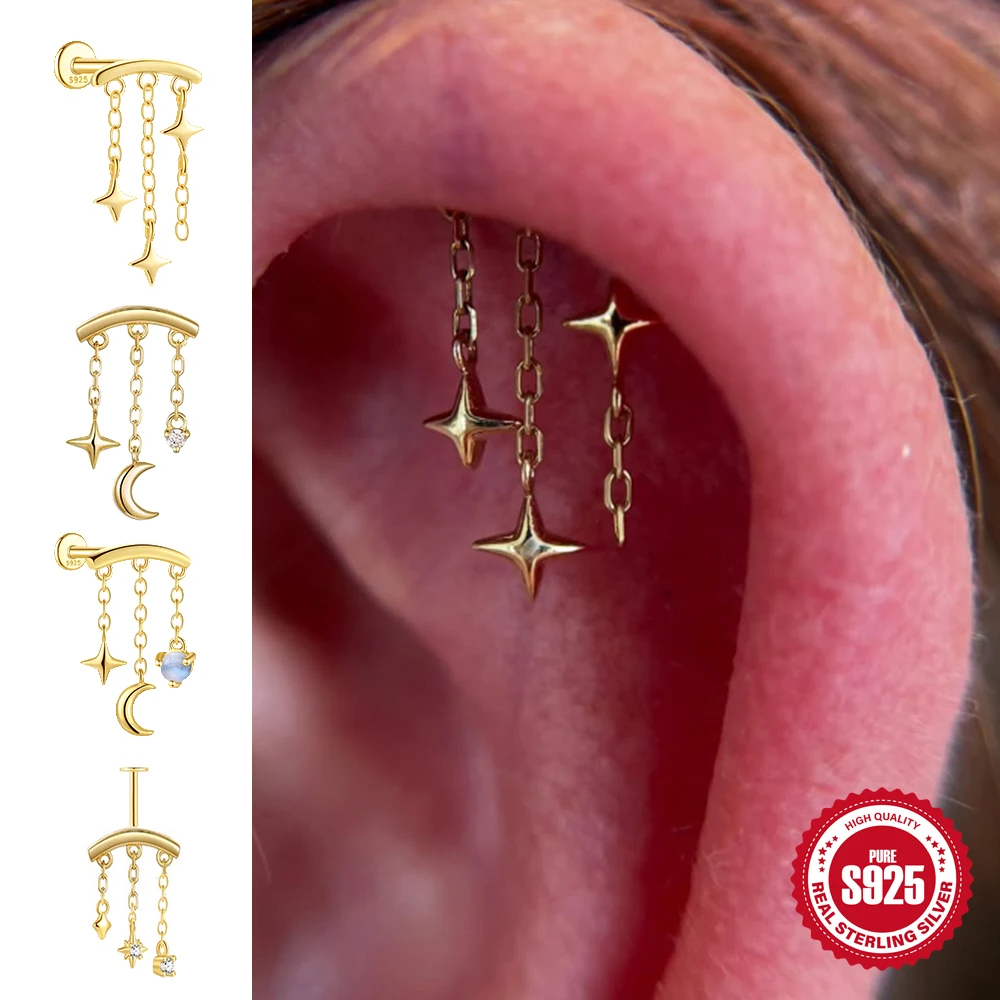 

Canner 925 Sterling Silver 1Pc Moon/Star Tassel Charms Piercing Earrings For Women 18K Gold Flat Back Thread Helix Jewelry Gift