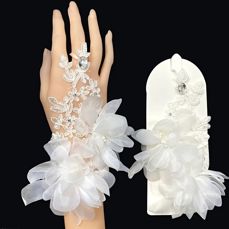 Bridal Gloves for Wedding Dress with Flowers Diamond Adjustable Drawstring Lace Wedding Accessories