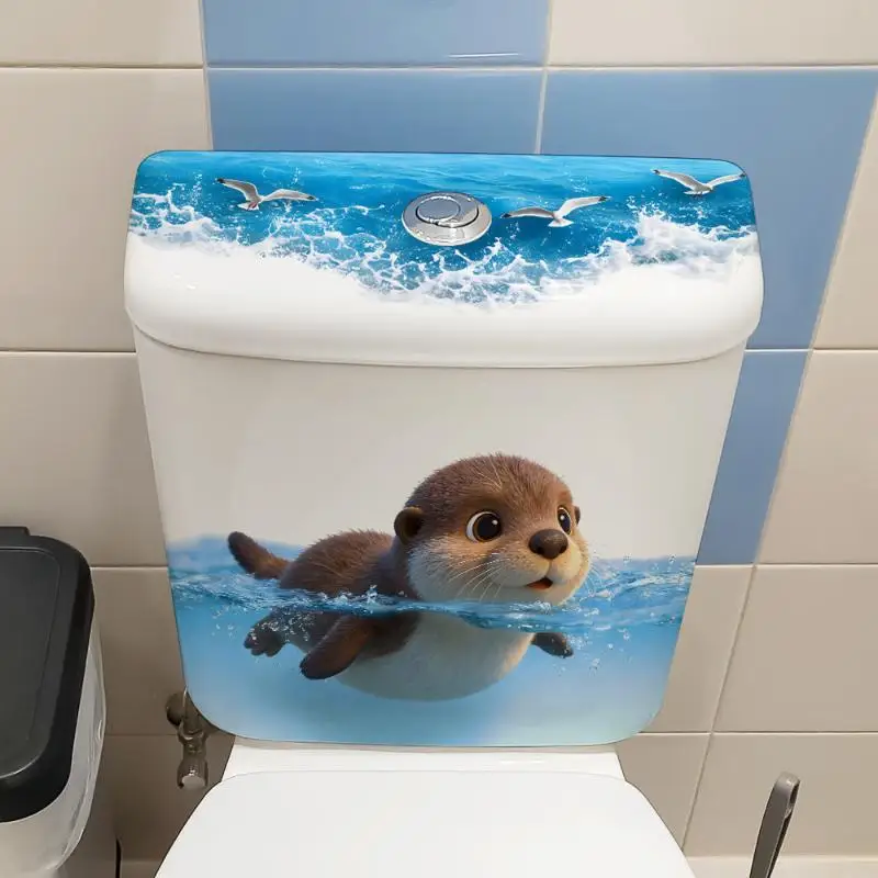 Cute Cartoon Penguins Toilet Stickers, Waterproof Ocean Wave Toilet Seat Decals, Removable Bathroom Decor For Kids Bathroom Hom