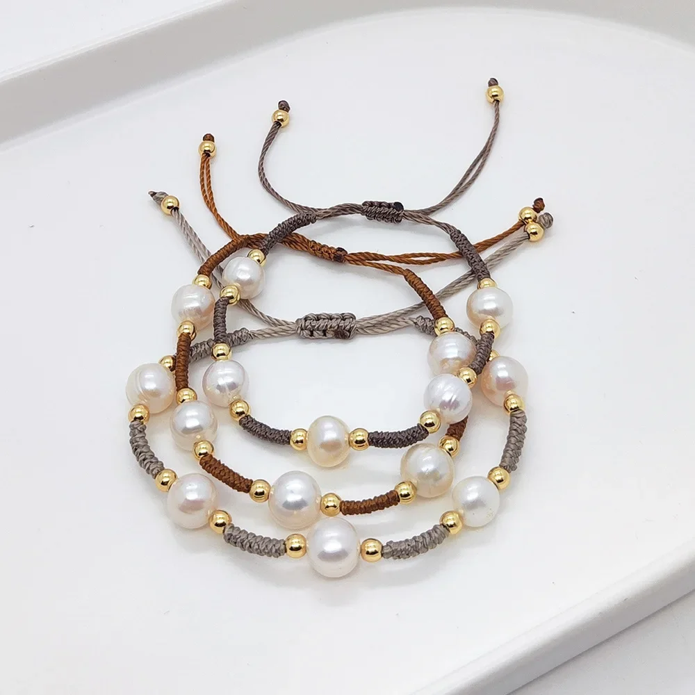 KKBEAD Ręcznie robiona pleciona bransoletka z liny dla kobiet i mężczyzn Biżuteria w stylu vintage Naturalna perła słodkowodna Prezent