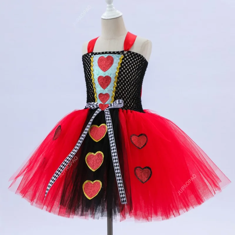 Tutu Red Queen of Hearts Costumes Girls Alice in Wonderland Fancy Dress Kids Carnival Halloween Outfit with Crown Magic Stick