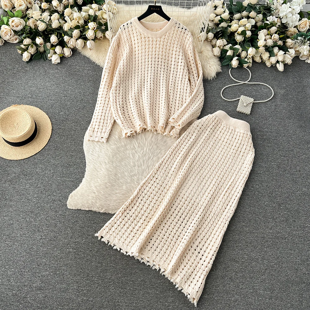 

Croysier Frayed Trim Openwork Knit Sets Oversize Pullover Sweater And Long Skirt Two Piece Set Autumn Winter Clothes For Women