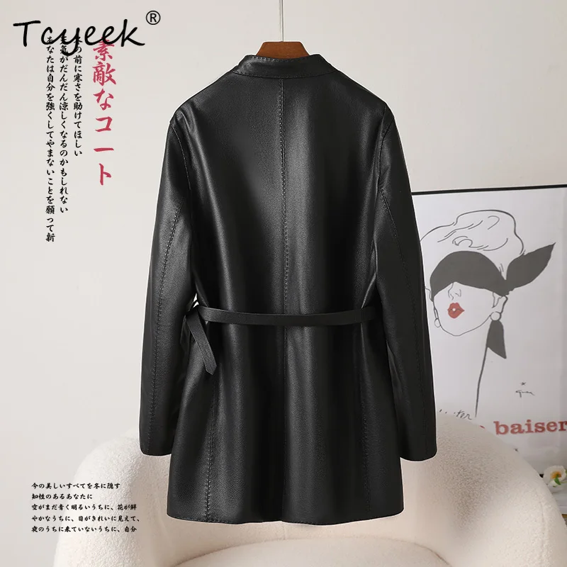Tcyeek トップレイヤーシープスキン春秋 V ネックミディアム丈痩身女性の本革ジャケット