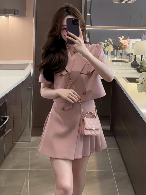 

Pink Suit Set Women's Summer Thin ort Sve Pleated Skirt Profional Two-Piece Set Faionable Busin Casual Outfit