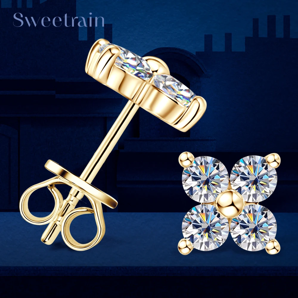 

Sweetrain 18k Gold Plated 3mm Moissanite Stud Earrings 925 Sterling Silver Clover Flower Earring for Women Girls Birthday Gift