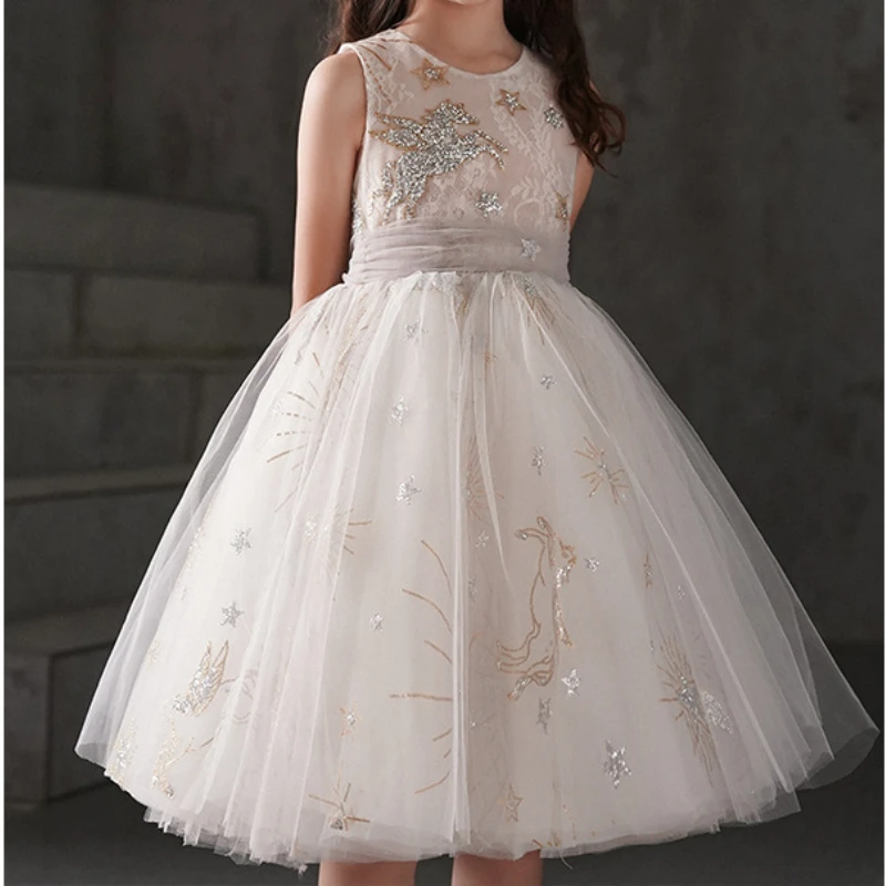 Customized Fashion High End Korean O-neck Simple Ball Gown Luxury Flower Embroidery Sequin Appliques Dress Popular A-line Tiered