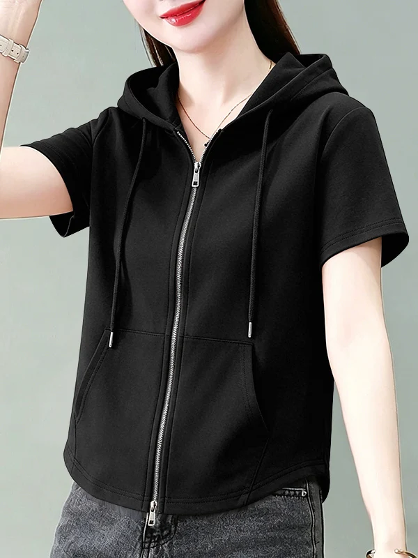 Double Zipper Hoodie Short Sleeve Women's T-Shirt Summer plus Size Conceal Belly Versatile Loose Fashionable Top