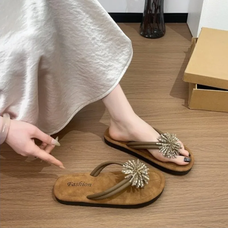 Womens Sandals Flat Thong Open Toe Suede-Look Upper Metallic-Look Crystal Fringe DecorCasual Summer Beach Slide Shoes Daily Walk