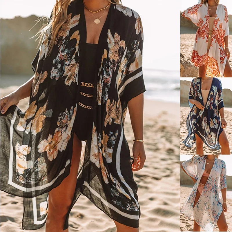 Vintage Chiffon Print Vrouwen Cover-Ups Chique Vrouwen Sexy Split V-Hals Mini Jurk Zomer Strandvakantie Bodycon Jurk Strand Cover Up