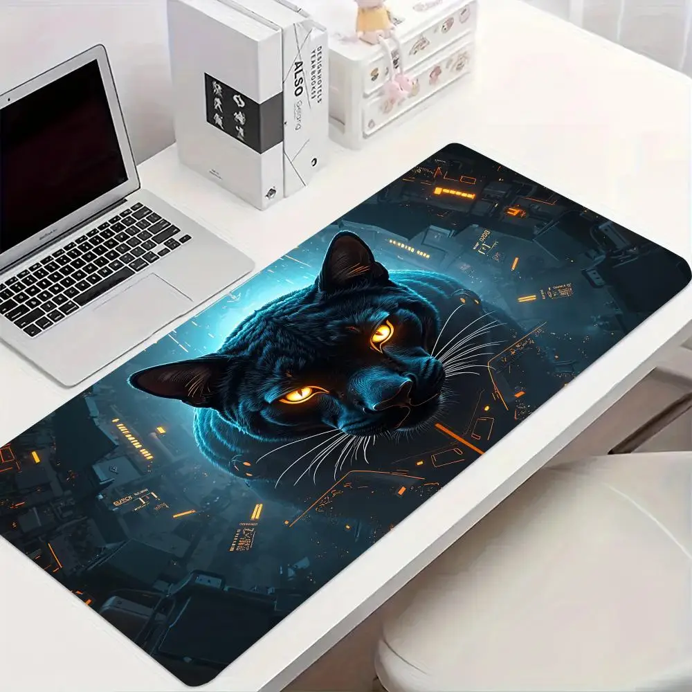 Tapis de souris chat noir, design animal Tech-Savvy, tapis de bureau antidérapant en caoutchouc, accessoire de jeu, parfait pour ordinateur portable, utilisation au bureau à domicile