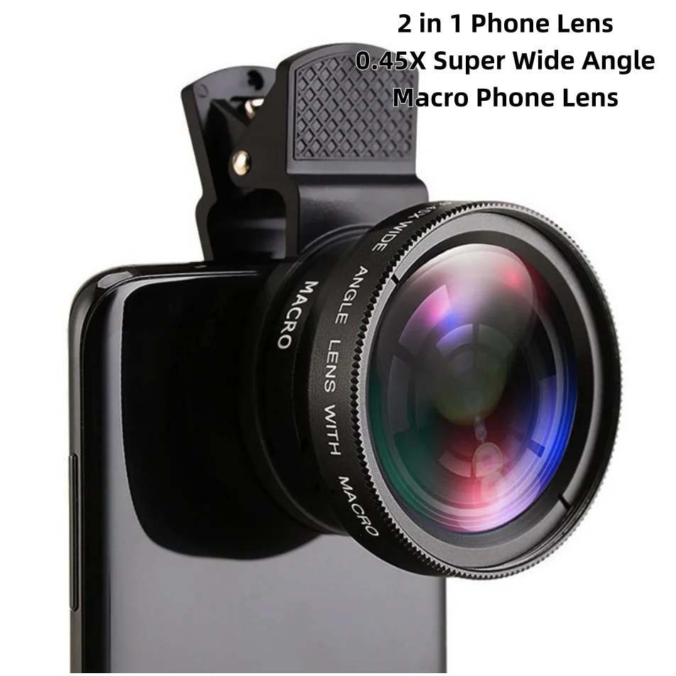 

Объектив для камеры мобильного телефона 2 в 1, комплект объективов с зажимом, 37 мм, 0,45X, 49 УФ, сверхширокоугольный объектив и макрообъектив HD