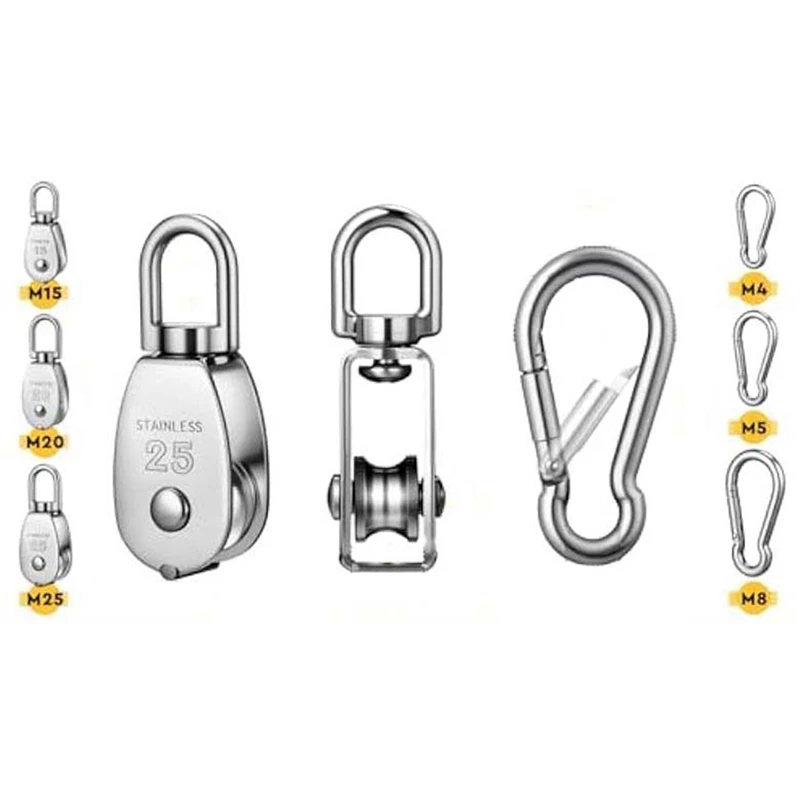ABKD 16Pcs M15 M20 M25 Single Pulley Block,Stainless Steel Swivel Pulley Wire Rope Hanging Pulley Wheel For Wire Rope Loading