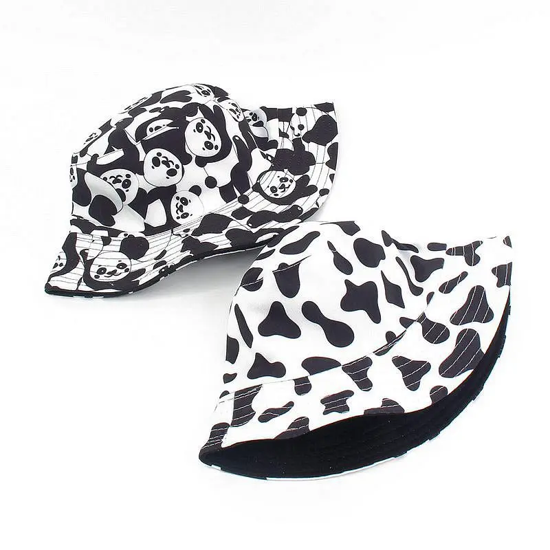 Cow Reversible Black White Cow Panda Zebra Pattern Bucket Hats Fisherman Caps for Women Summer Double Side Bonnet Hat for Women