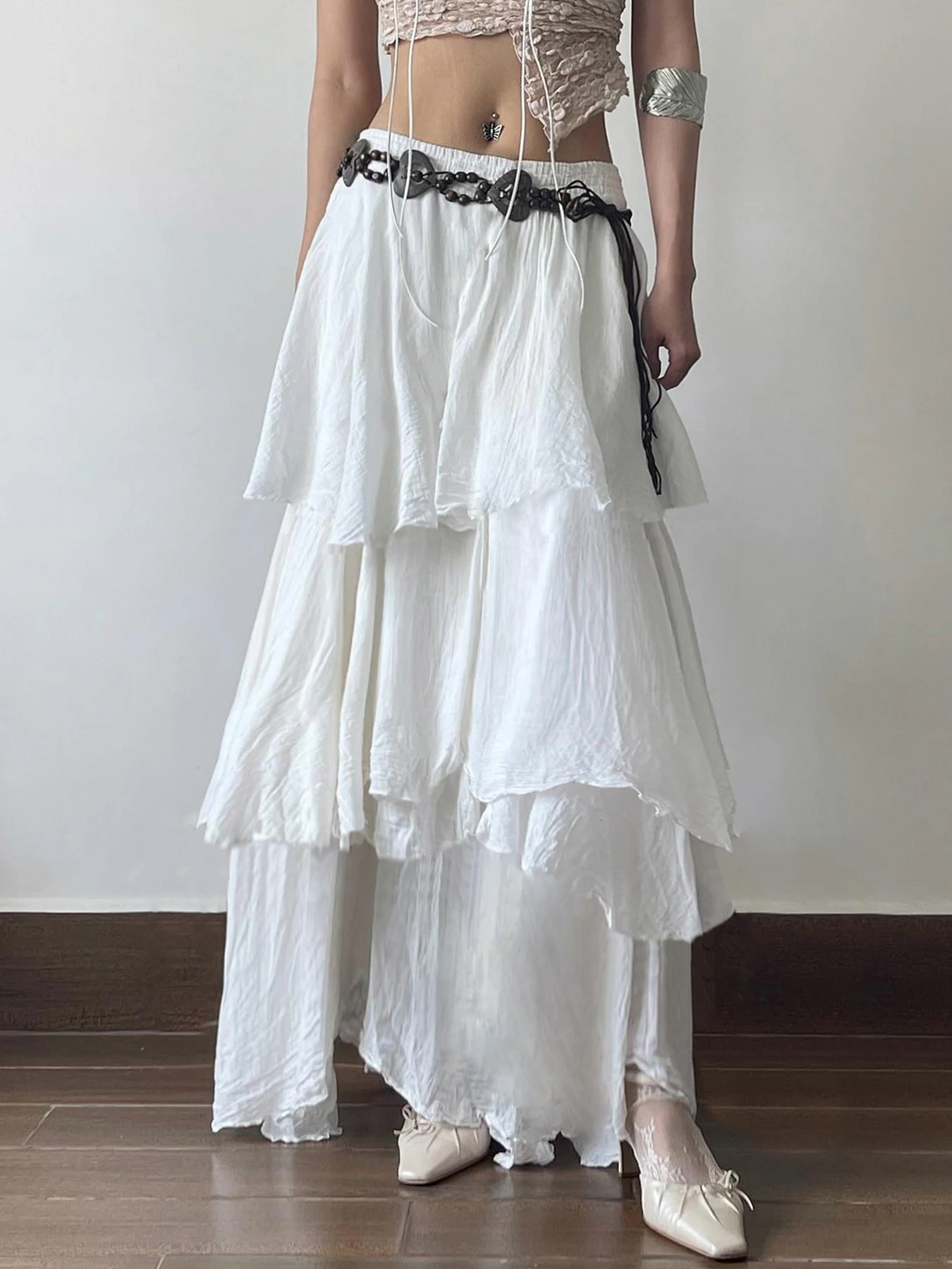 

Weekeep Elegant Multi-layer Long Skirt Fairycore y2k Loose White High Waist Skirts for Women Vintage 90s Outfits Summer Holiday