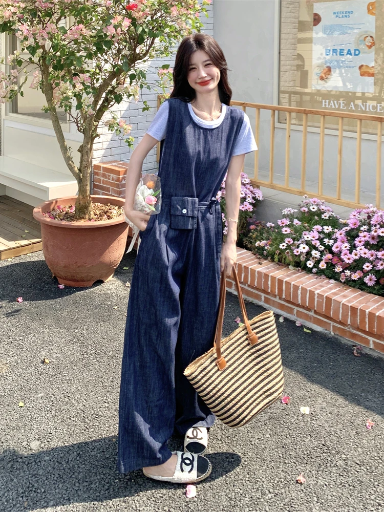 

Casual T-irt Denim Jumpsuit Set Women Summer Ele Age-defng Trendy Two-piece Set Cute And Active High-waist Wide-leg P...