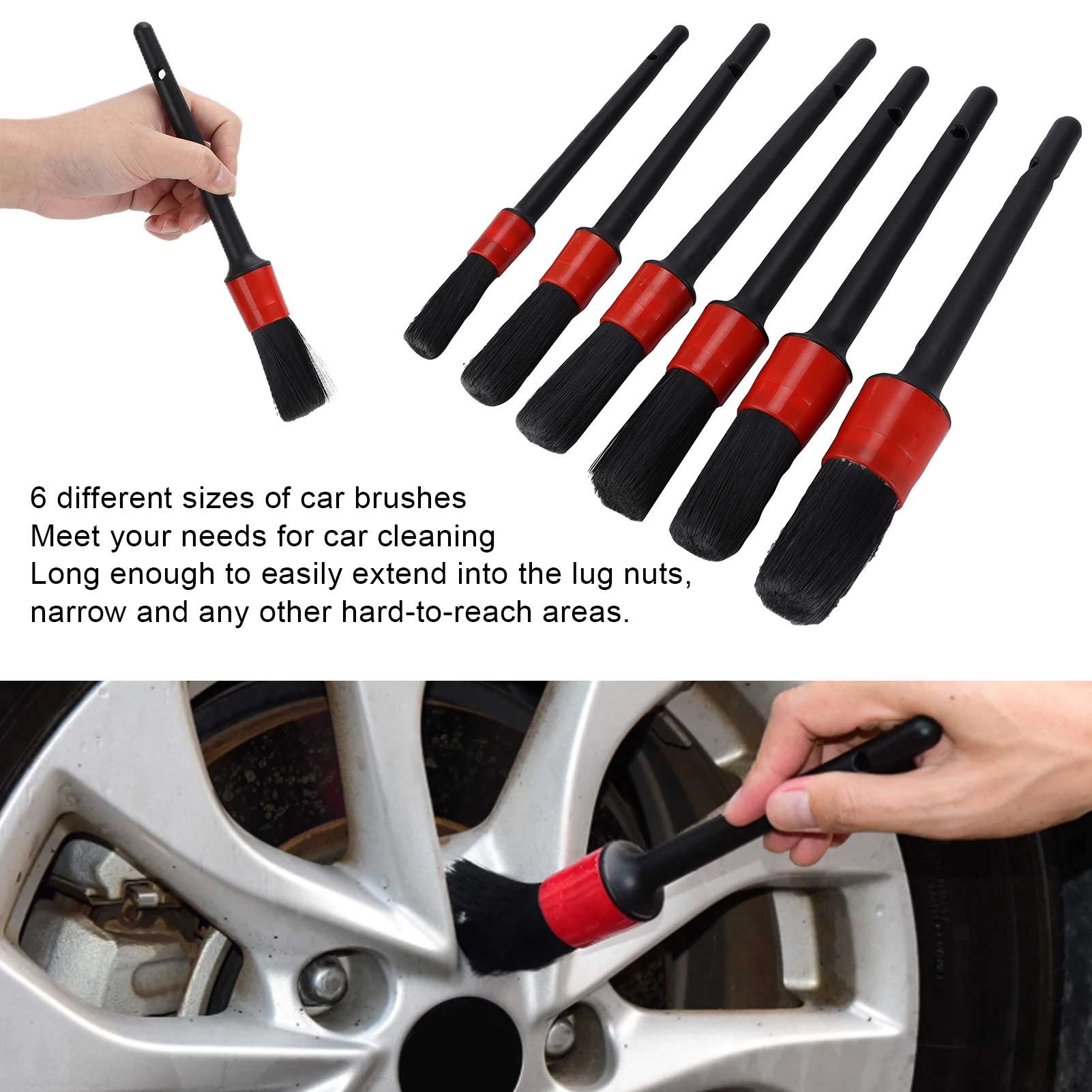 

6PCS/Set Car Cleaning Detailing Brush Set Hair Sharpened Wire Red Maintenance Tool Car Cleaning Brush Kit Car Cleaning Brush