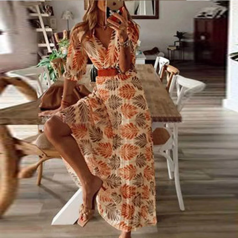 

2026 New Fashion Printed Waist Half Sleeve Dresses Women Summer Casual Loose Bohemian Vacation V-neck Belt Dress For Women