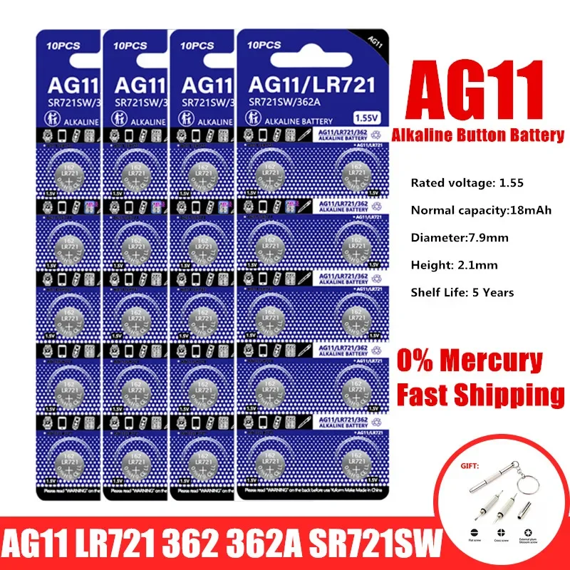 10-50PCS 1.55V AG11 18mAh Button Battery SG11 LR58 SR58 162 361 362 LR721 SR721  SR720 L721F Cell Coin Watch Toys Remote Battery