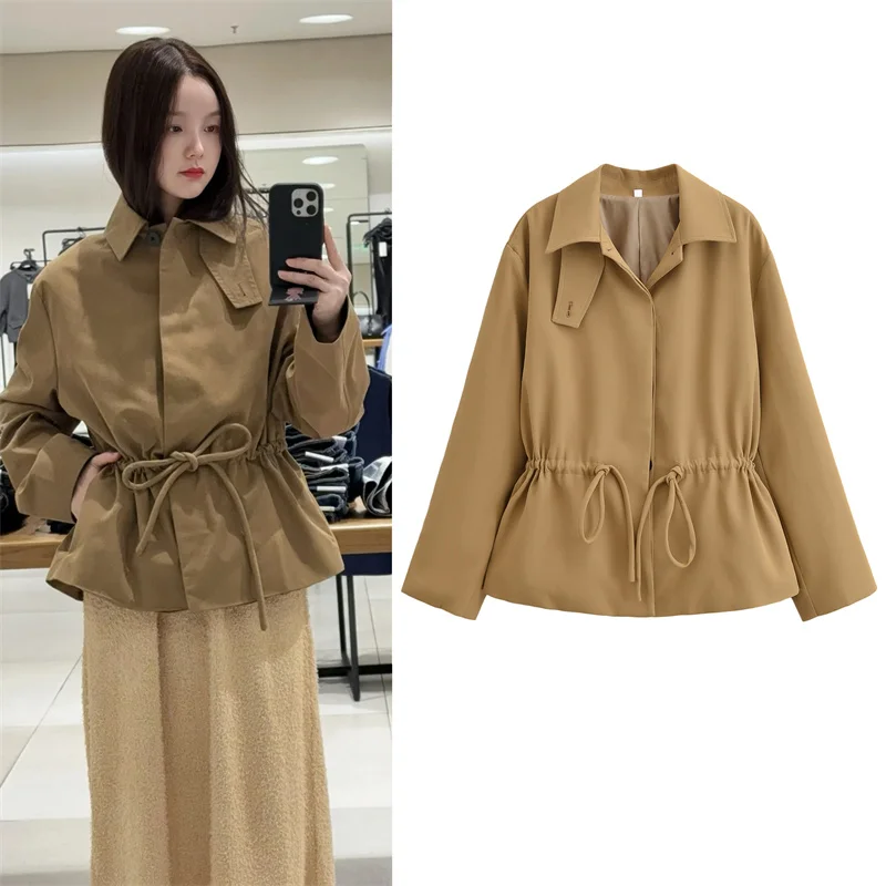 

Women's Coat 2025 Autumn New Style Camel Long-sleeve Suit collar Drawstring Waist Short Coat Casual Fashion Personality