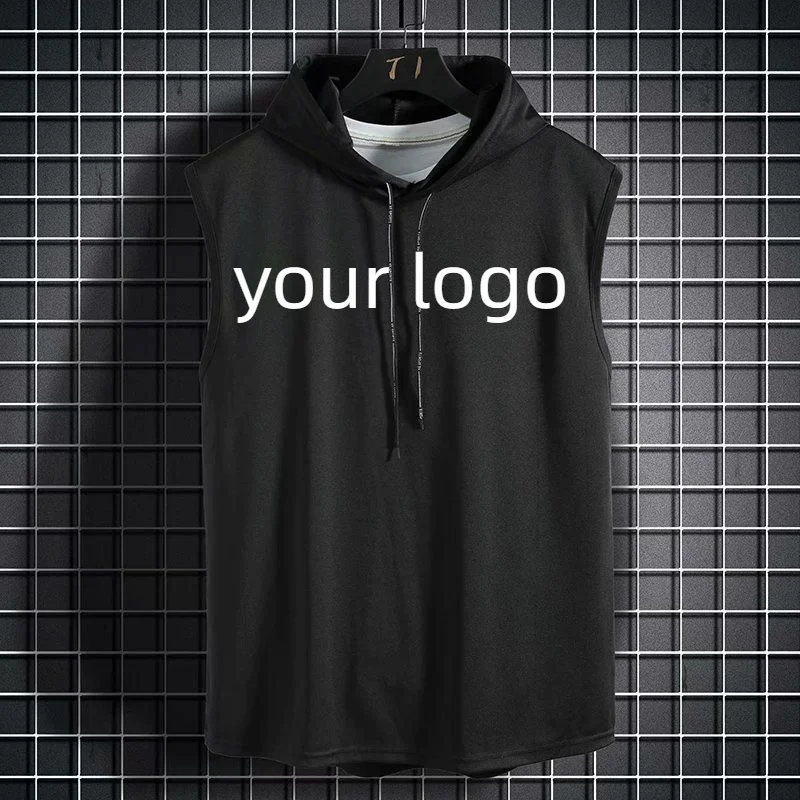 Custom Your Logo Summer Mens Muscle Hoodie Vest Sleeveless Bodybuilding Gym Workout Fitness Shirt Vest Hip Hop