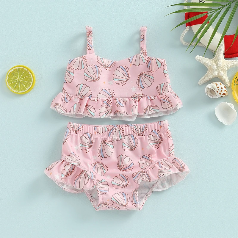 2Pcs Baby Girls Bikini Set Swimsuit Sleeveless Off Shoulder Tank Top Ruffled Shorts Beach Swiming Pool Swimwear Bathing Suit